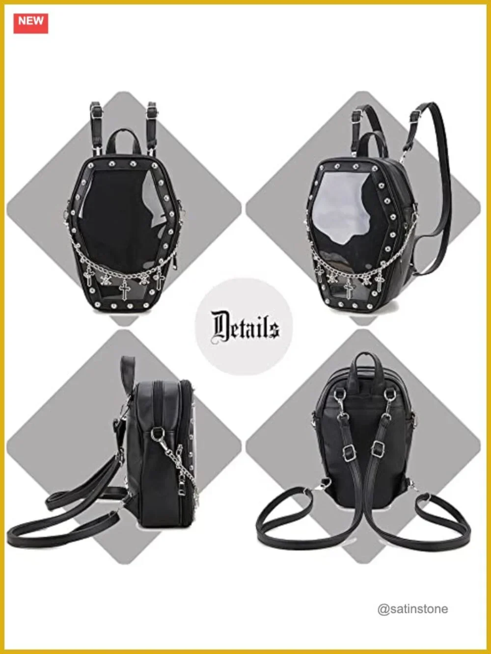 Coffin Shape Ita Bag with Clear Window Panel, Faux Leather Pin Display